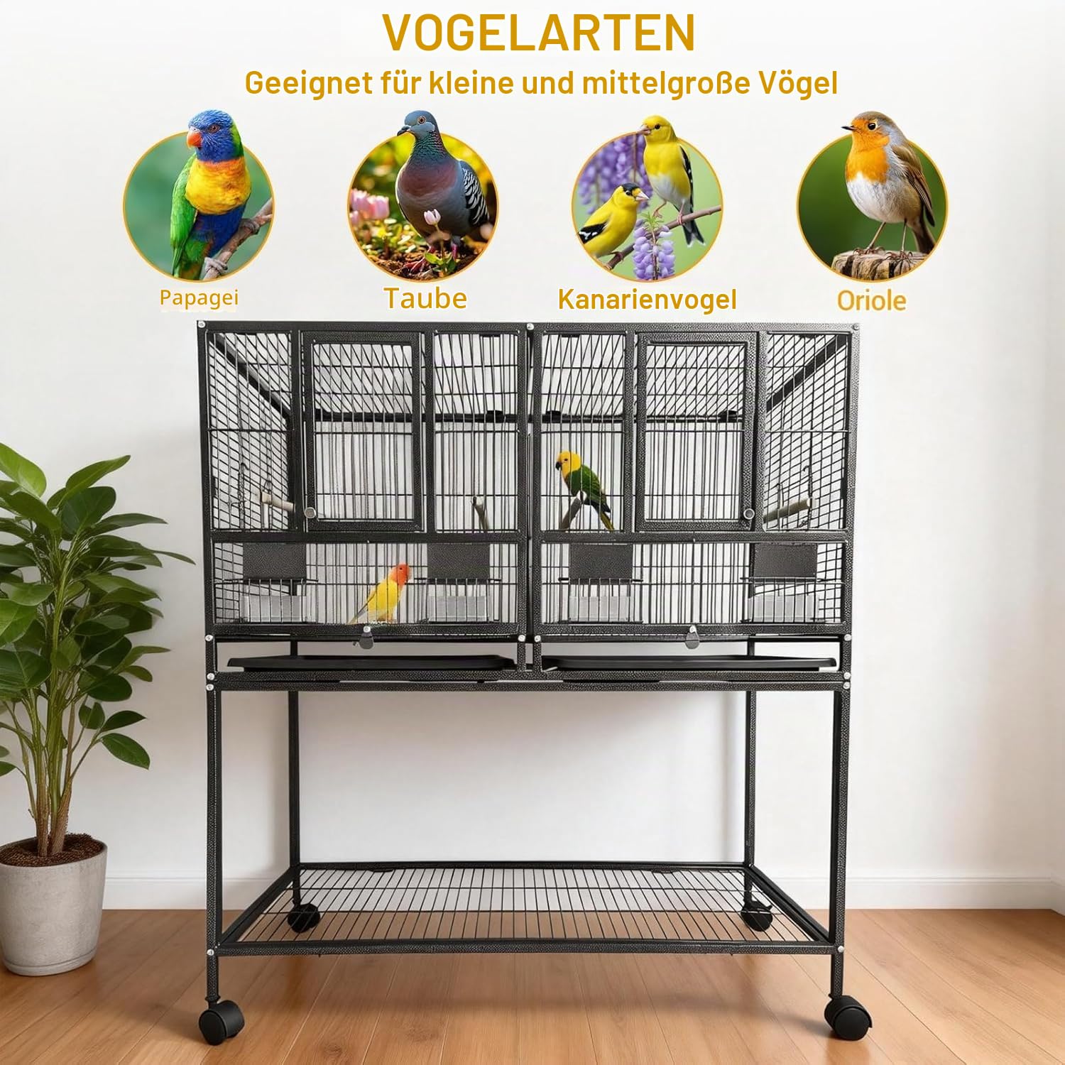 GarveeLife Vogelvoliere Großer Vogelkäfig Mit 2 Türen Vogelhaus Mit Holzstangen, 4 Rollen Und Herausziehbarer Reinigungswanne Vogelkäfig Geteilter Brutkäfig Für Kleinvögel, 94x45x106cm