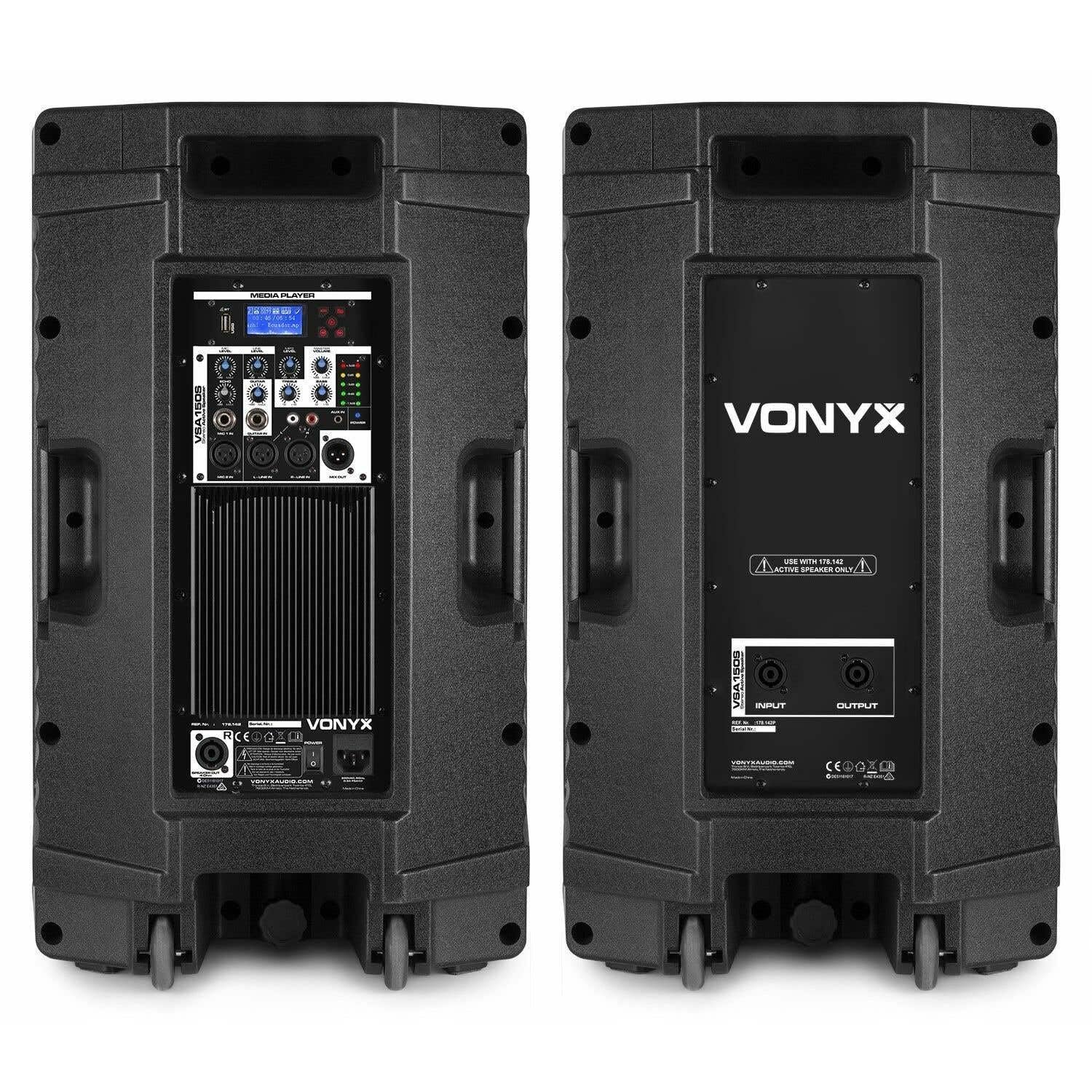 VONYX VSA150S - PA Anlage Komplettset, 1000 Watt PA Lautsprecher, 2X 15 Zoll Sub, Bi-Amp, Bluetooth, MIC-Input, Fernbedienung, Gitarreneingang, MP3, Aktive Lautsprecher Boxen, DJ Boxen - Schwarz