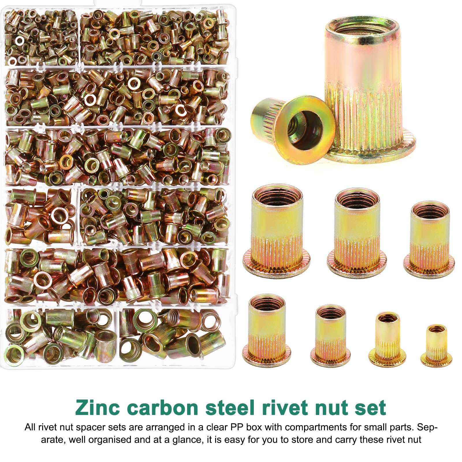 Gueenky 1100 Pièces Écrou à Rivet Assortiment, M3 M4 M5 M6 M8 M10 M12 Écrous à Riveter Fileter en Acier Carbone Zingué, 7 Tailles Écrou à Rivet Fileté à Tête Plate Rivet Inserts Filetés