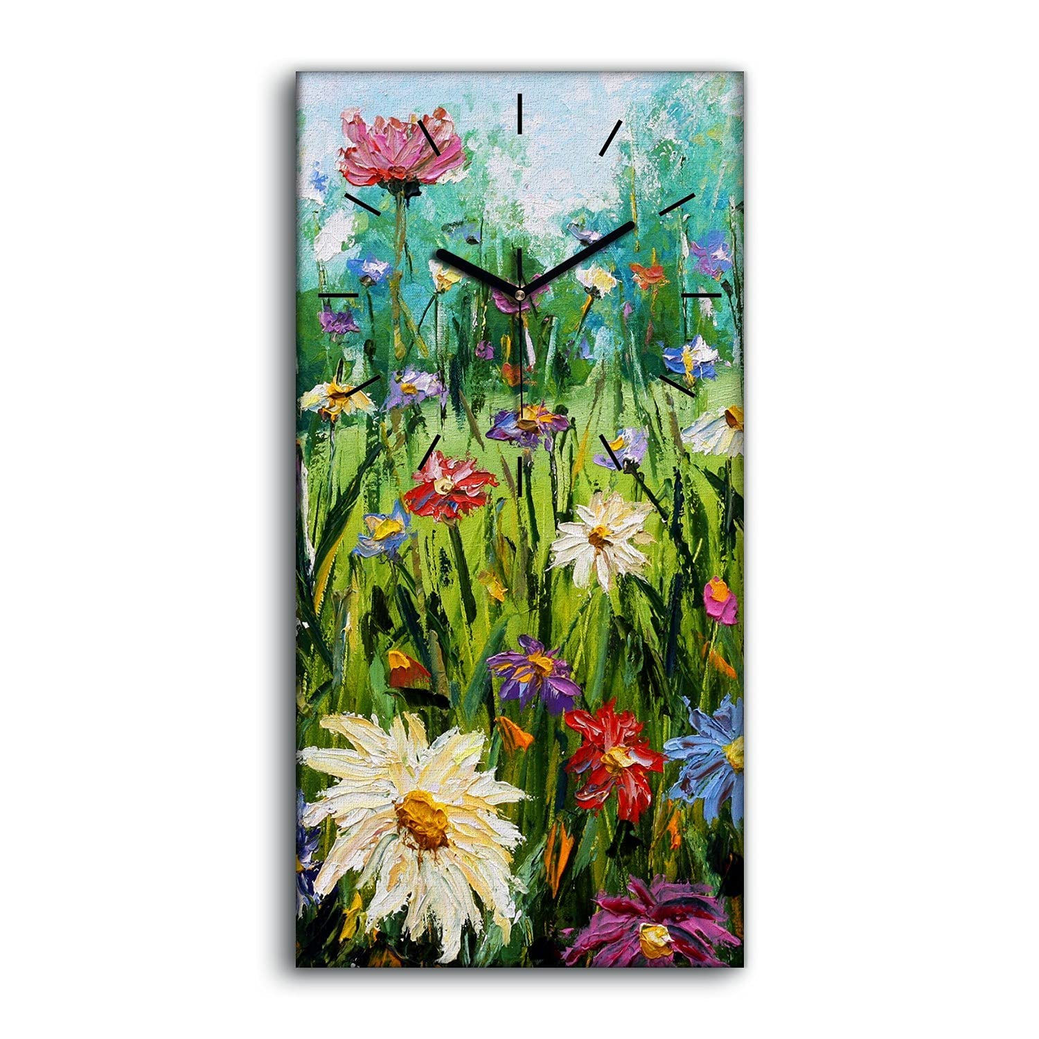 Horloge sur Toile Fleurs Modernes 30x60cm | Grand Tableau Mural avec Aiguilles Noires