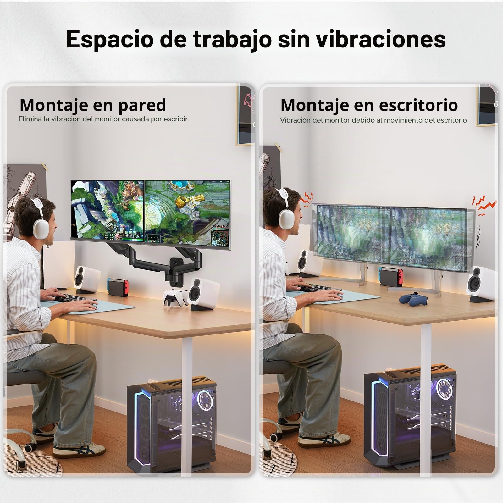 HUANUO Soporte de Pared para Monitor Dual, Brazo de Resorte de Gas, VESA 75/100 mm, 17-32 Pulgadas, 2-8 kg
