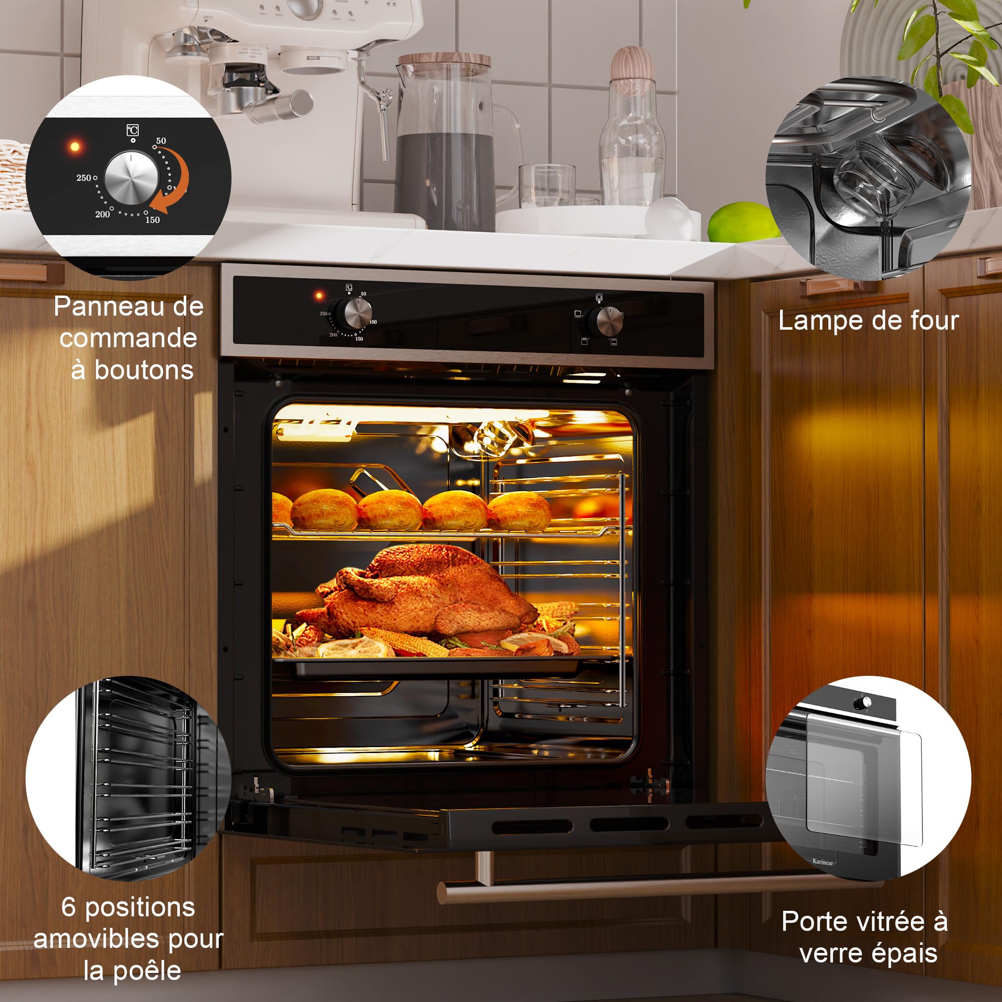 Karinear Four Electrique 60 cm avec Bouton de Commande, Four Encastrable, 65 L, 4 Programmes, 50-250 °C, avec Panneau en Verre Trempé, 2200W, 220-240V, avec Prise