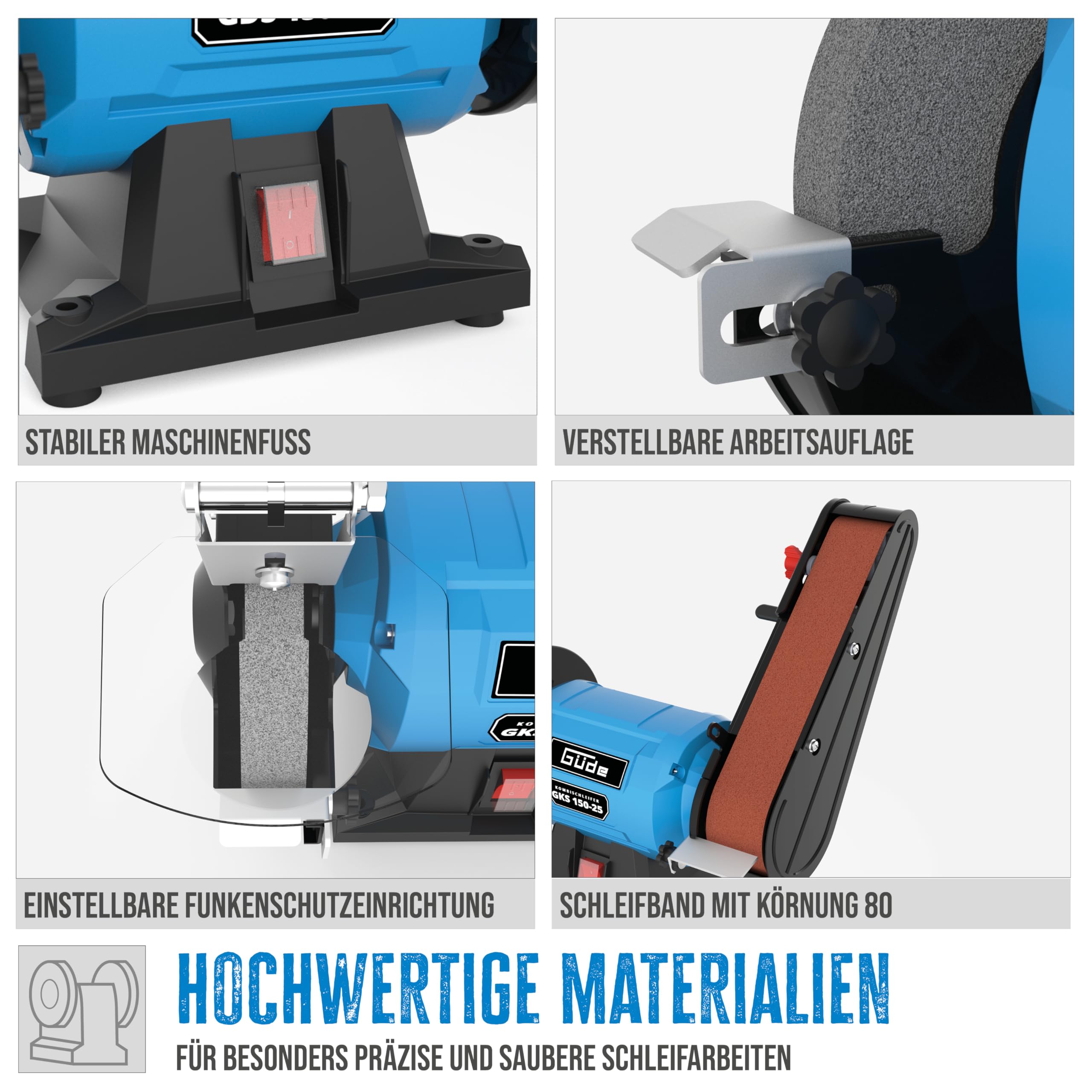 Güde Szlifierka kombinowana GKS 150-25 (250 W, 2980 1/min, silnik kondensatorowy, stabilna podstawa maszyny, regulacja urządzenia zabezpieczającego przed iskrami, drobna tarcza szlifierska ø 150 mm 36