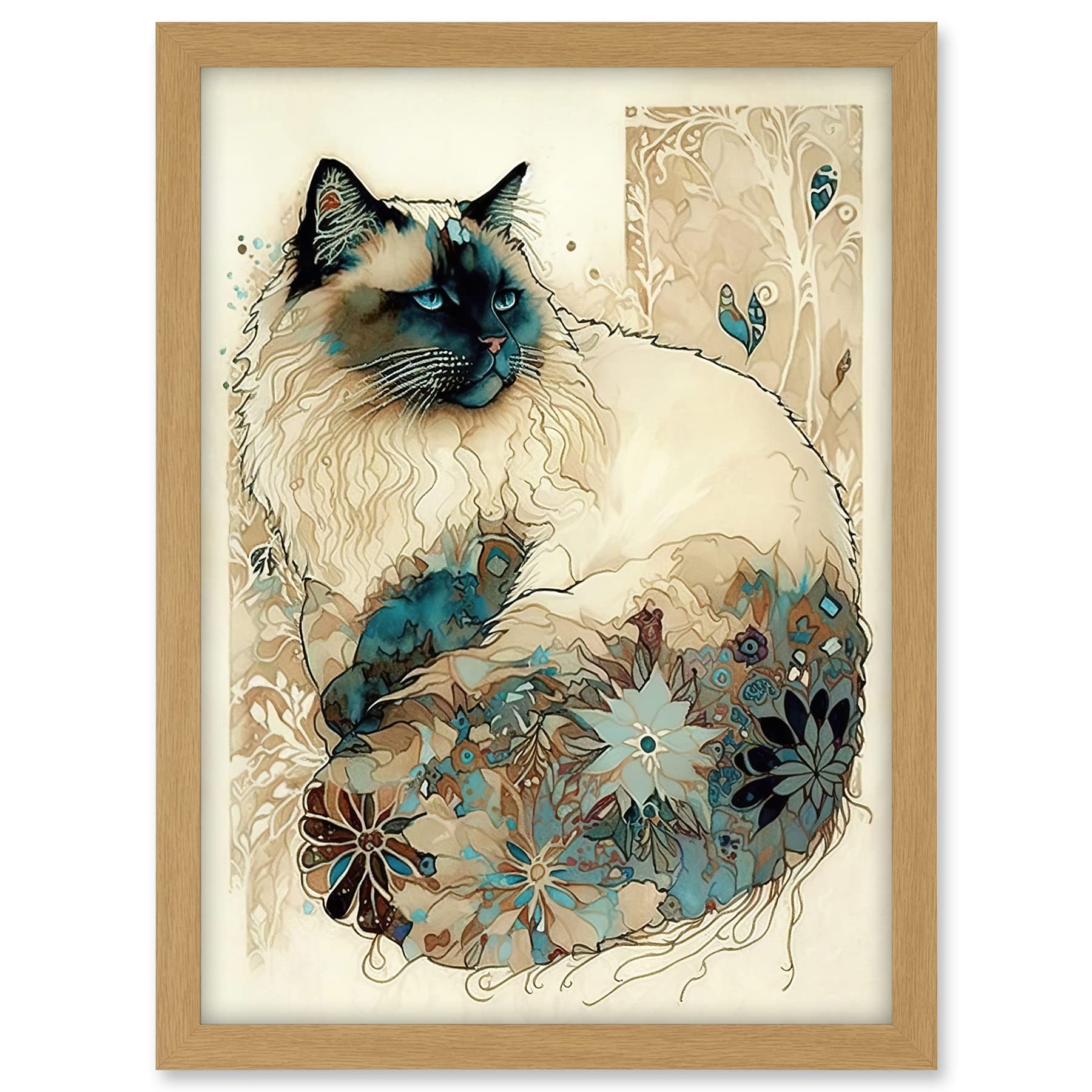 Artery8 Ragdoll Cat with Floral Pattern Tail Modern Watercolour Illustration Artwork Framed A3 Wall Art Print