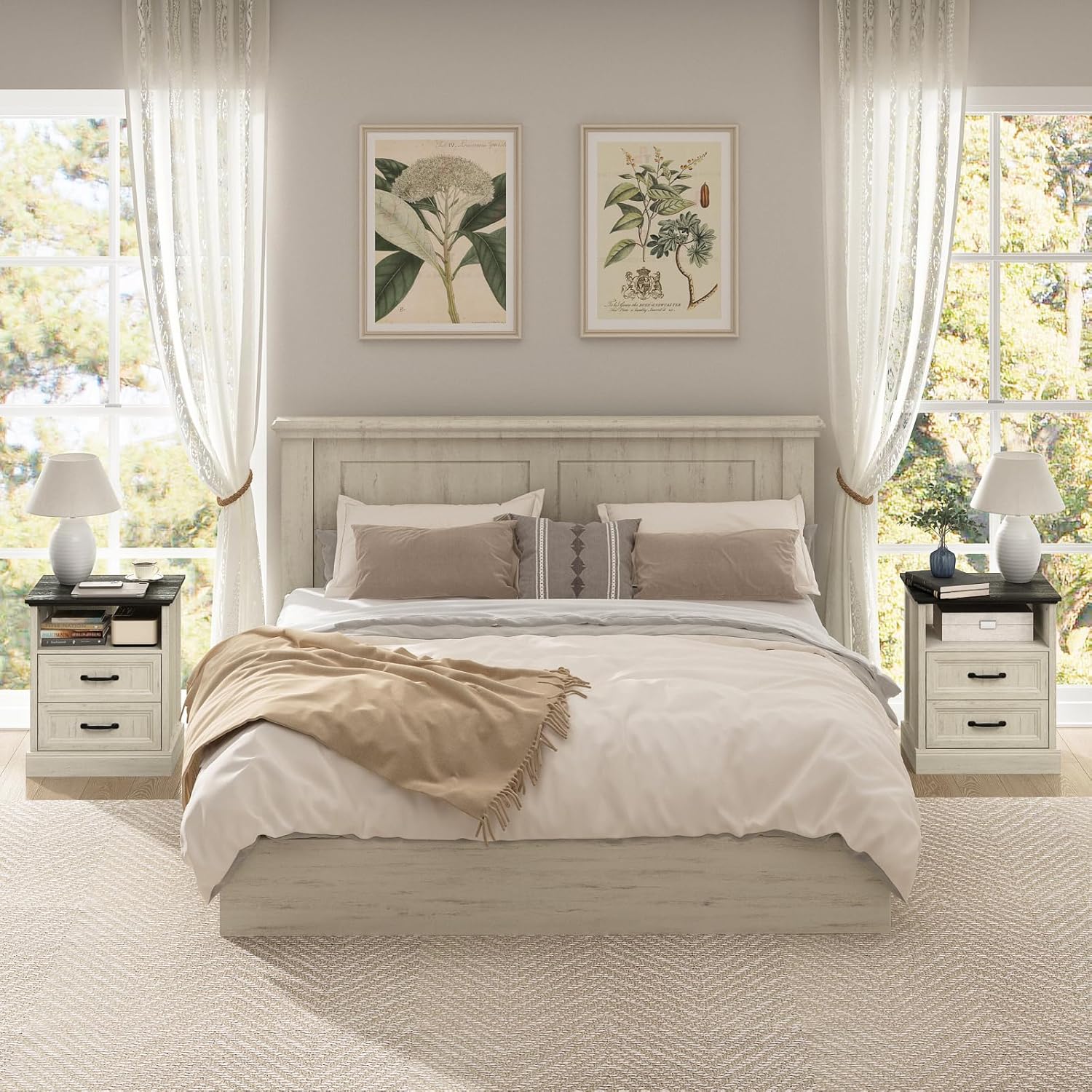 CARPETNAL Farmhouse Dresser and Nightstand Sets for Bedroom, 3 Pcs Bedroom Set, 6 Drawer Dresser & Nightstand Set of 2, Modern Wood Chest of Drawers for Bedroom, Living Room, Entryway, White