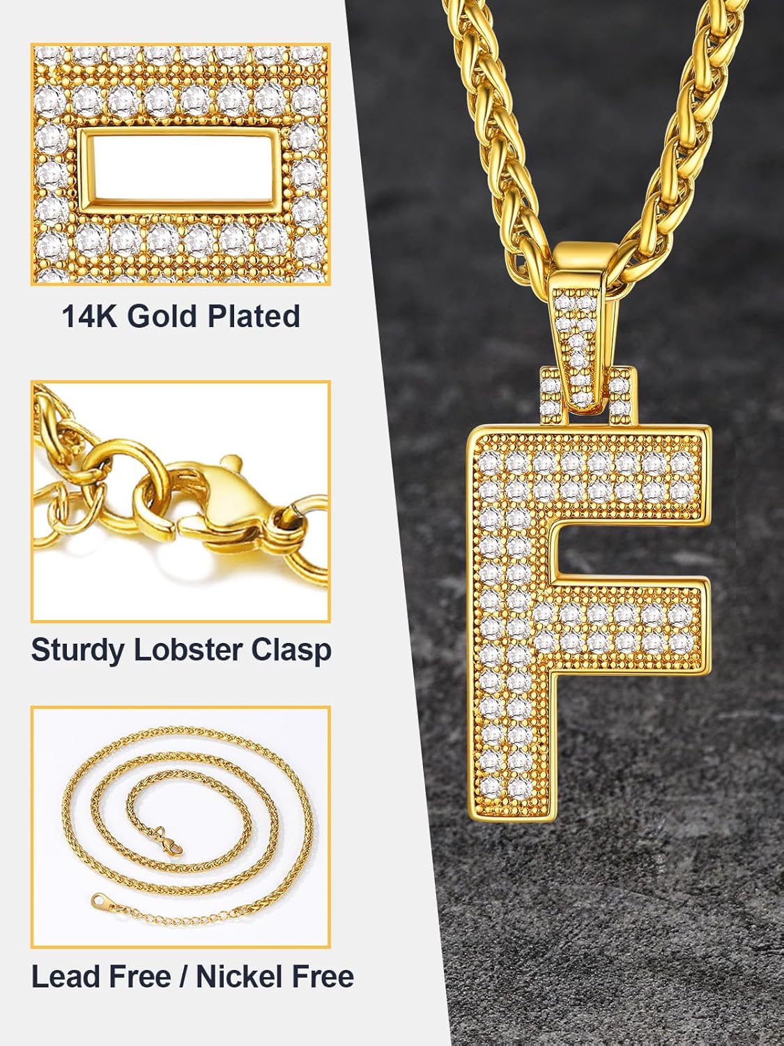 U7 Gold Initial Number Necklace for Men Women, 18K Gold/Silver Plated Diamond CZ Letter Pendant Necklace Big A-Z 0-9 Hip Hop Jersey, Customerized Letter Wheat Chain 22 Inch for Athletes Rappers