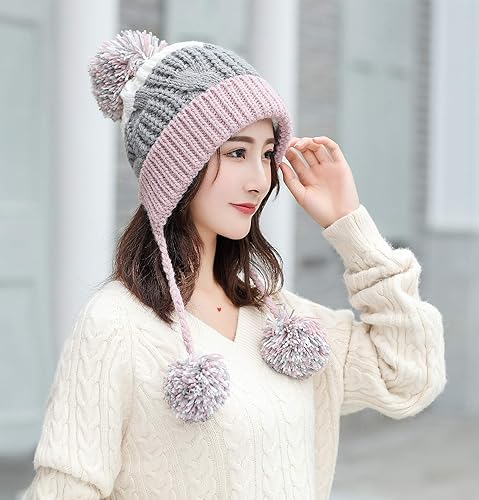 Vista 4 de HUAMULAN - Gorro de invierno para mujer estilo peruano con forro polar, solapas para orejas, doble capa, con pompones
