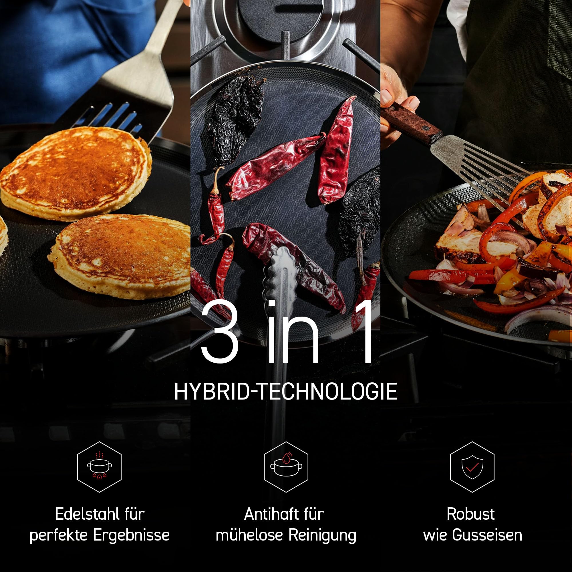 HexClad Hybrid Grillpfanne 30 cm – Edelstahlpfanne mit Wabenstruktur – Bratpfanne für alle Herdarten, auch Induktion – Antihaftbeschichtete Pfanne mit Stay-Cool-Griff – Ofen- und spülmaschinenfest