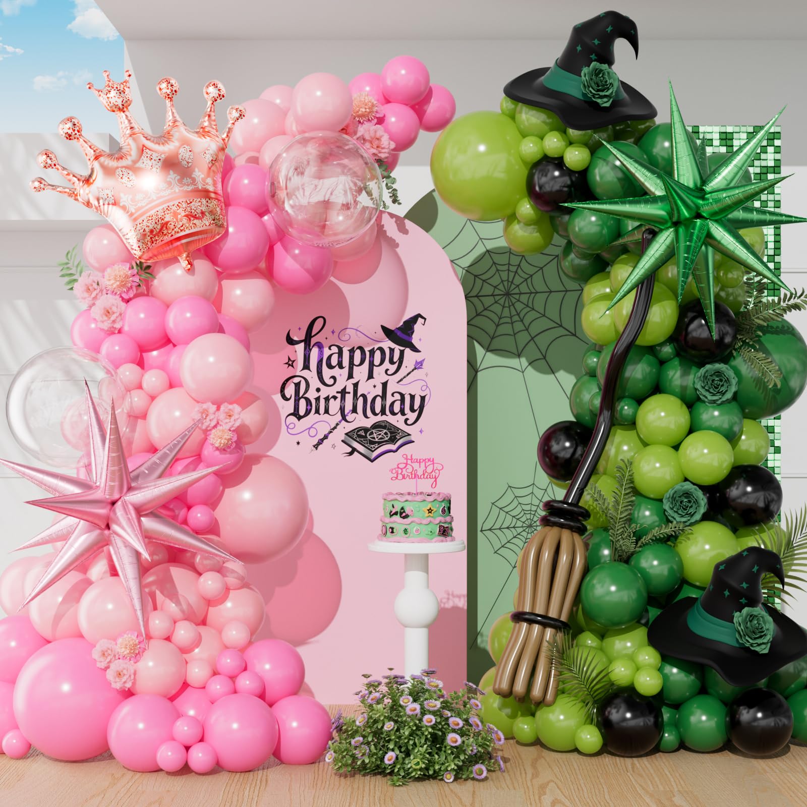 Pink And Green Balloon Arch Kit with Clear Brown Black Long Light Pink and Green Balloons Rose Gold Foil Balloon for Spring Summer Hawaiian Baby