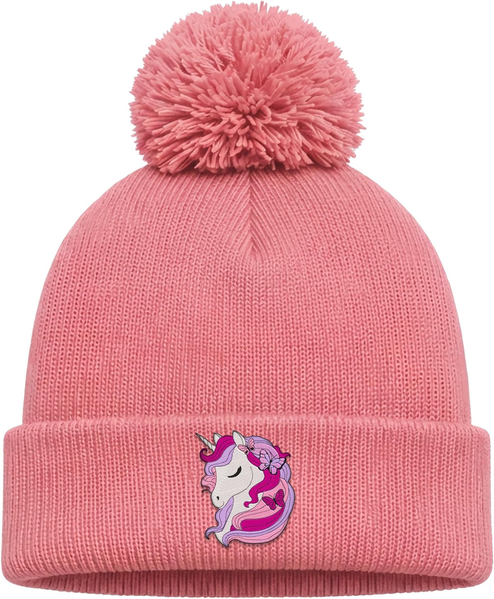 Embroidered Unicorns Head Kids Bobble Hat - Mythical Unicorn Embroidery - Girls Winter Hat Magical Animal