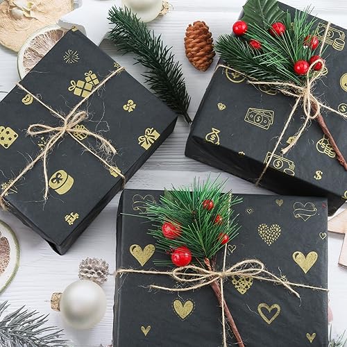Miniatura 6 de Longerse 60 hojas de papel de seda negro dorado, papel de regalo con diseño de símbolo de dólar de corazón, 20 x 20 pulgadas, papel de seda de