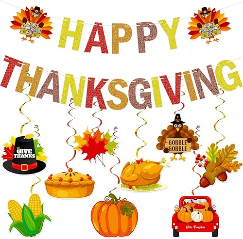 Decoraciones de fiesta de Acción de Gracias, pancarta de feliz Acción de Gracias, remolinos colgantes de Acción de Gracias, decoraciones de fiesta
