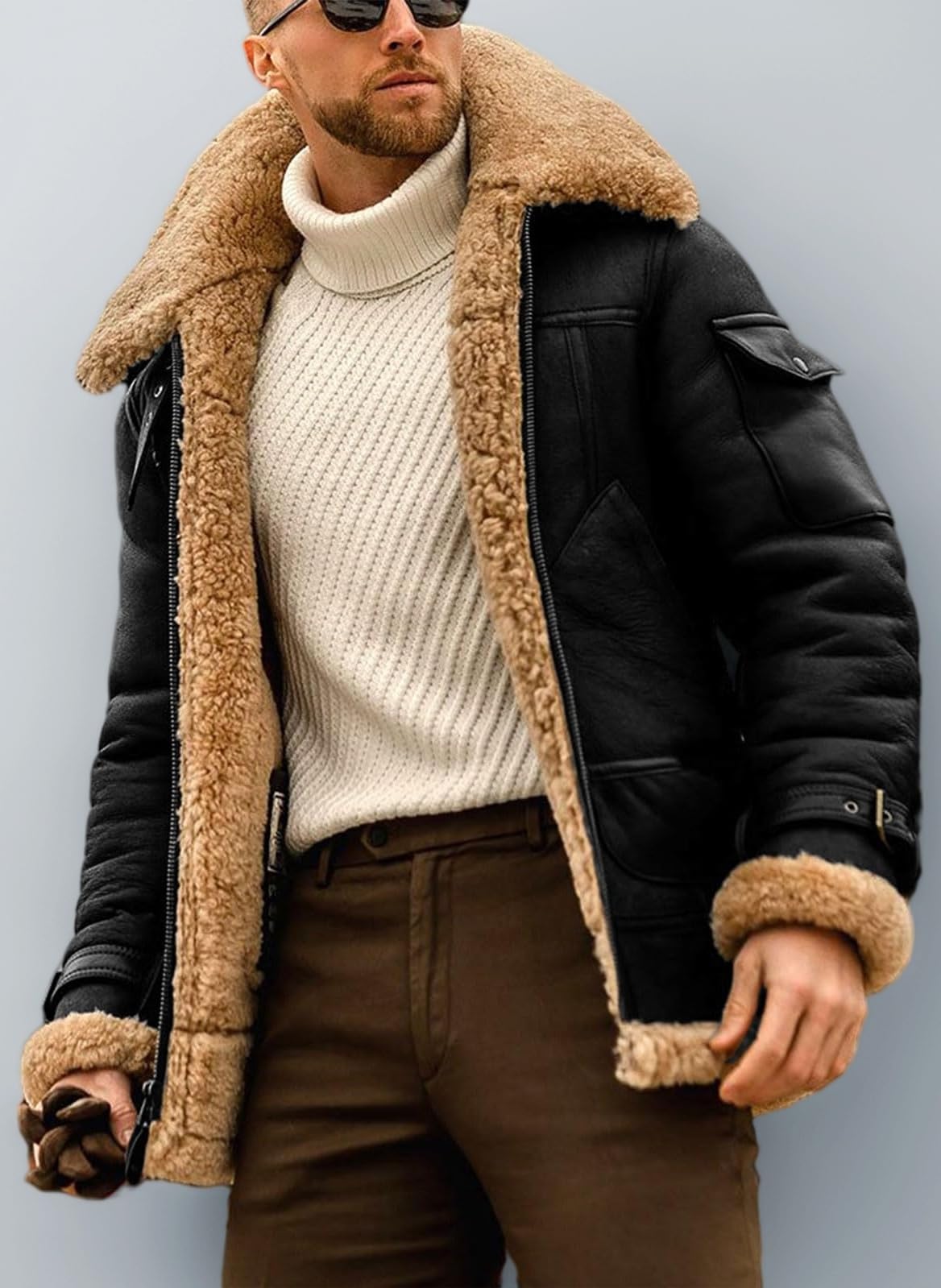 Mens Aviator Shearling Sheepskin Leather Bomber Flying Jacket