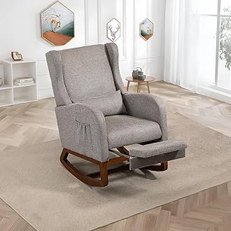 Modern Rocking Chair Nursery Glider, Comfy Rocker Nursery Chair with Foot Rest, Accent Reading Armchair with Pillow and Pocket, Upholstered Lounge Rocker with Solid Wood Base for Relaxing (Taupe)