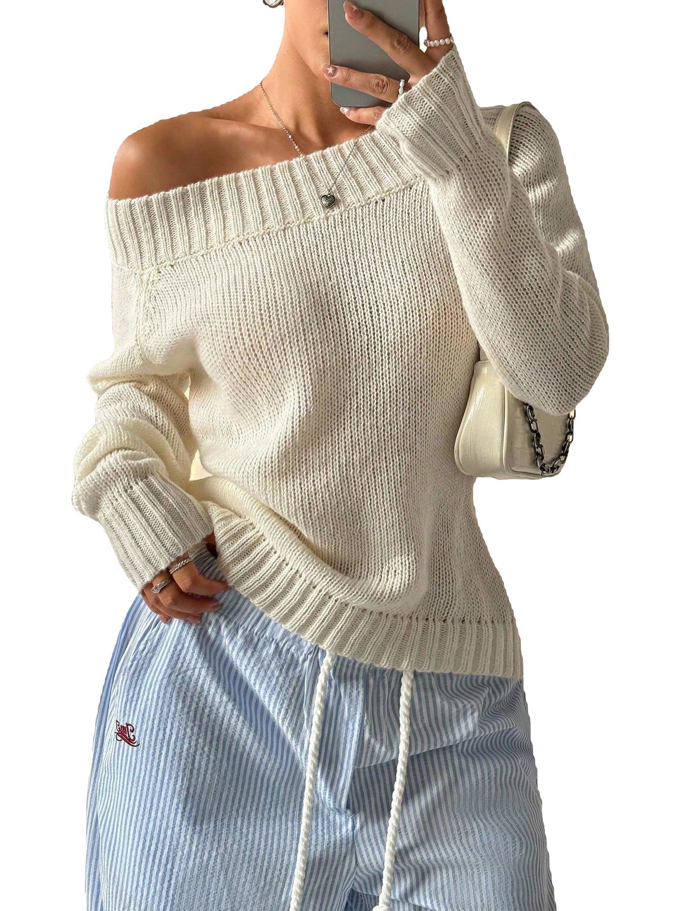 SHENHE Womens Ribbed Knit Fall Sweater Boat Neck Knitwear Long Sleeve Baggy Jumper Tops