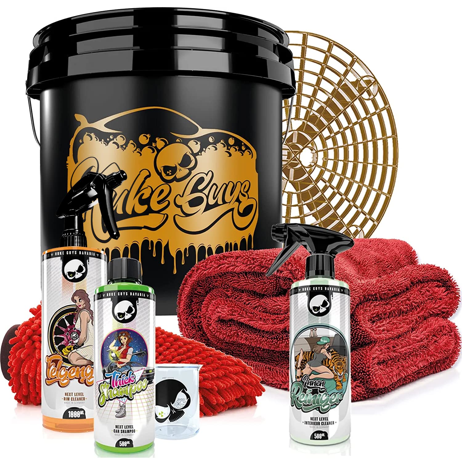 Nuke Guys Set de lavado profesional para el lavado de manos óptimos – Gold Bucket 3,5 GAL + Grit Guard + champú grueso 500 ml + gel para llantas 1 L + limpiador interior 500 ml + paño seco + guante de