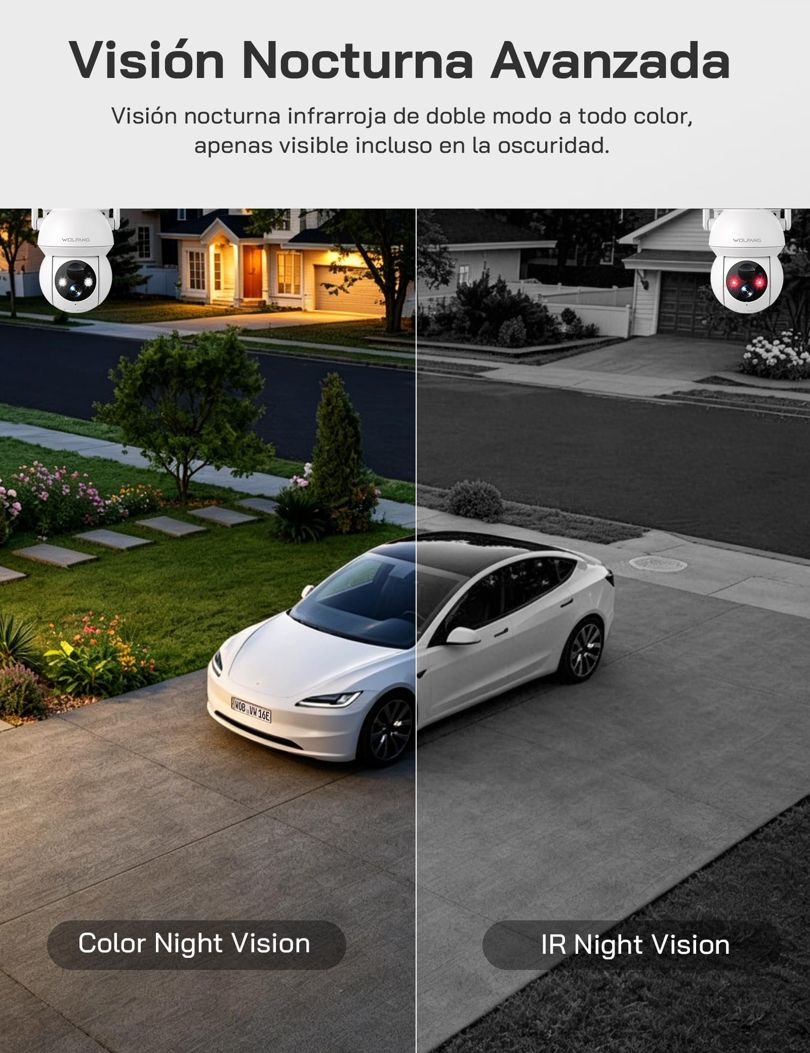 WOLFANG Cámara de Seguridad Solar 1080P para Exteriores, cámara WiFi PTZ de 360° (Solo 2.4G), detección de Movimiento PIR, visión Nocturna a Color, Audio bidireccional, IP65, Funciona con Alexa y