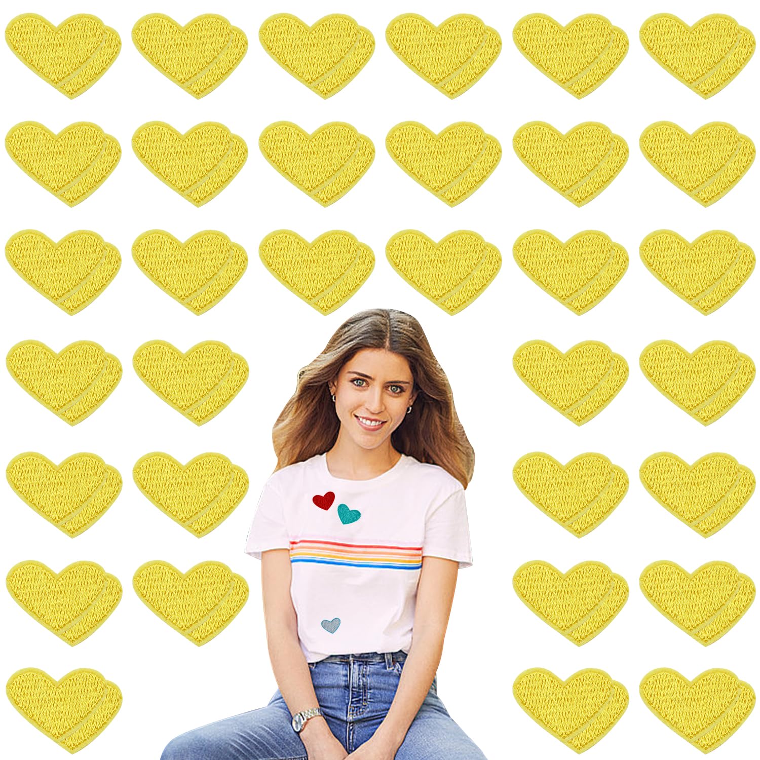 AKZYTUE 50 Pcs Yellow Small Heart Iron on Patches, Sew Embroidered Patches Appliques Iron on Heart Patches for Clothing Jackets Backpack Shoes