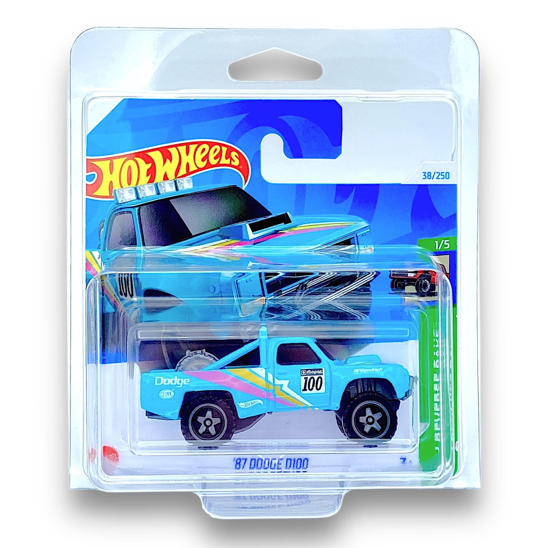 Hot Wheels '87 Dodge D100 (Turquoise) 1/5 HW Reverse Rake - 2024-38/250 (Short Card) - COMES IN A GENUINE KLAS CAR KEEPER PROTECTOR CASE - HTD17