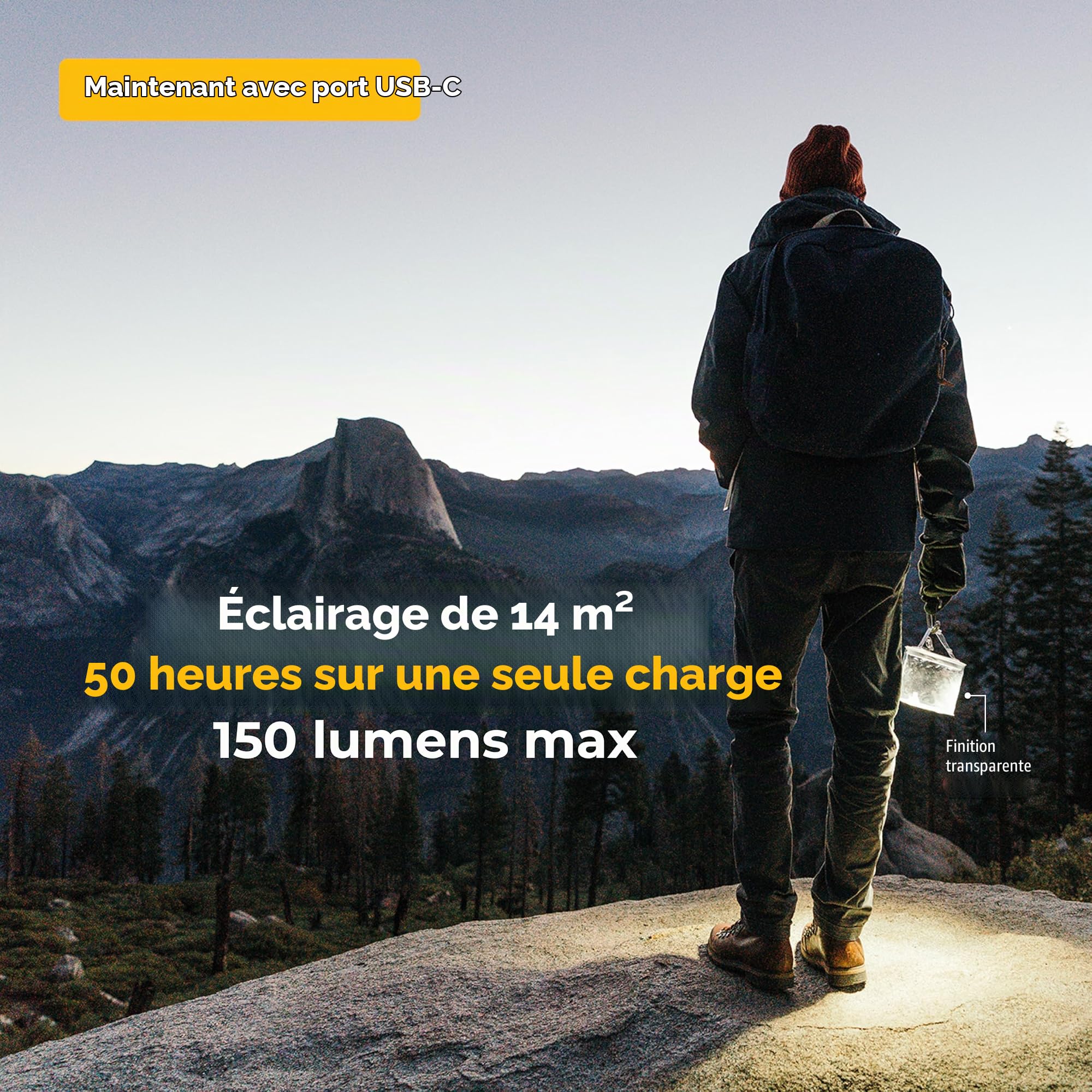 MPOWERD Luci Pro Outdoor 2.0 Lanterne gonflable rechargeable via solaire et USB-C + chargeur de téléphone, LED 150 lumens + finition transparente, dure jusqu'à 48 heures, étanche, camping, randonnée