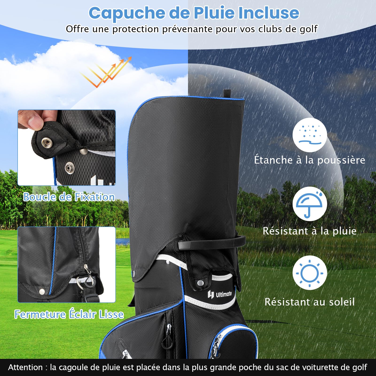 GOPLUS Sac de Golf, Sac de Club de Golf Léger avec Séparateurs à 14 Compartiments, Sac Isotherme, 2 Poches Étanches, Capuche de Pluie Amovible, Porte-Parapluie et Poignées de Transport