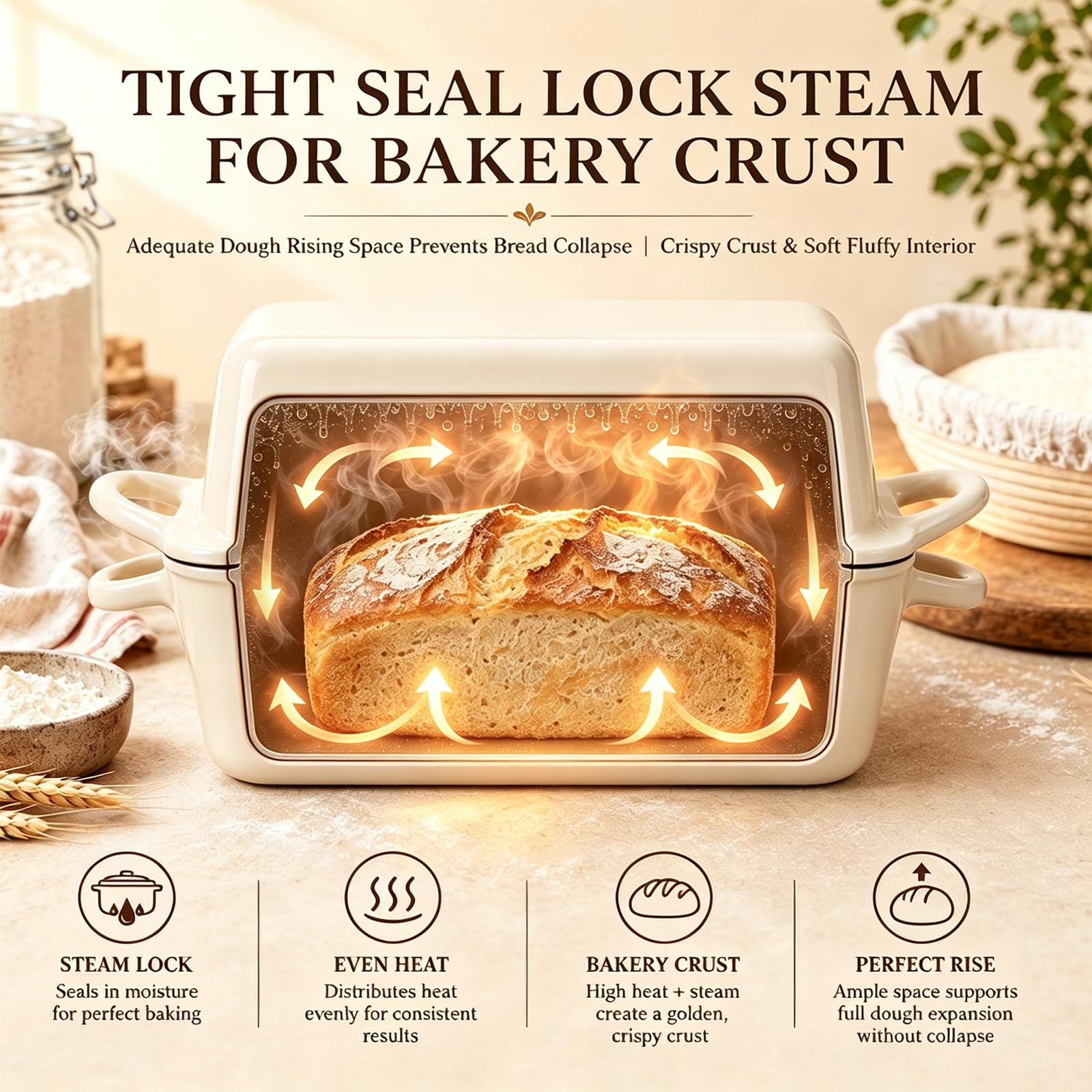Emaillierte Gusseisen Brotbackform 4,7 Lmit Deckel 32,0 cm, Cremeweiß