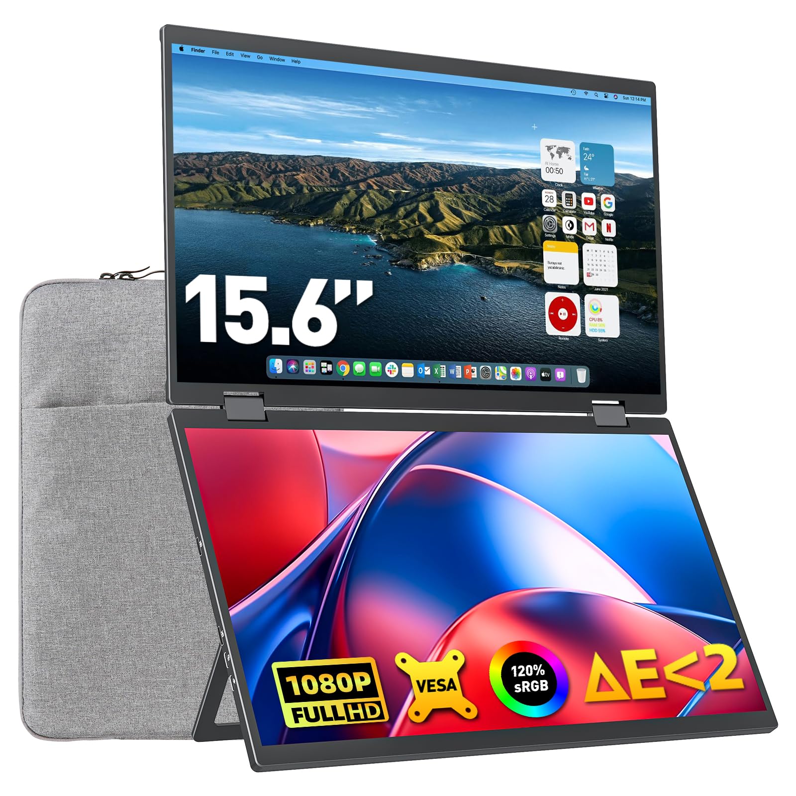 Upperizon Portable Monitor 15.6" 60Hz with Kickstand FHD IPS HDR with Speakers HDMI USB-C Travel Monitor for Laptop MacBook Windows PC Surface, Dual External Display VESA Compatible