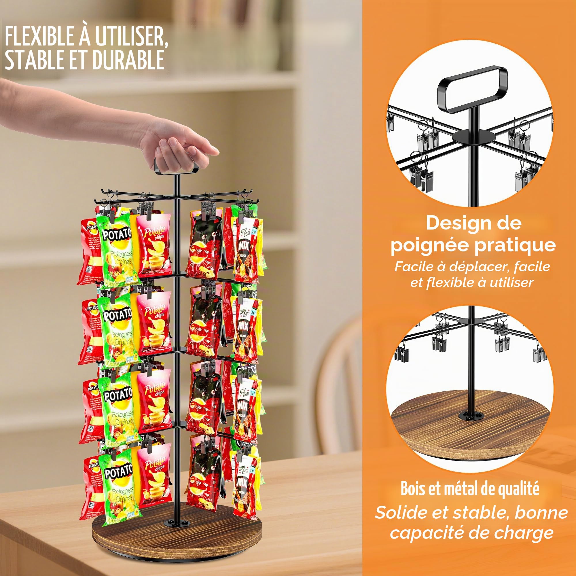 Présentoir à frites, 4 niveaux et 64 clips pour comptoir, support rotatif à 360°, présentoir à bonbons, station de rangement pour garde-manger, vente au détail, bureau (noir)