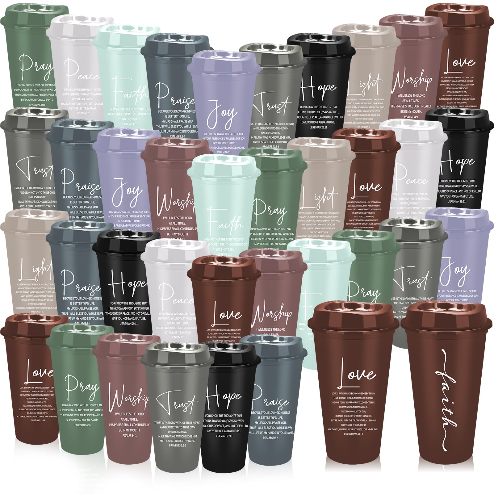 Xaztr 40 Pack Christian Coffee Cups with Lids, 470 ml Reusable Plastic Cups Bulk, Bible Verse Inspirational Mugs, Faith Religious Gift Set for Church, Office, Women, Party Favors