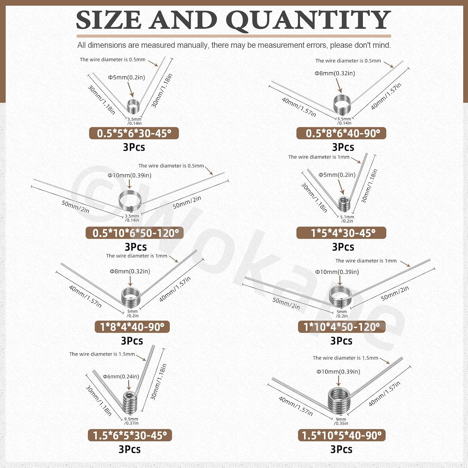 45pcs 15 Sizes Stainless Steel Tiny Torsion Spring Set, 0.5/1 /1.5/2 /2.5mm Wire Diameter 45°& 90°& 120°Torsion Spring for Woodworking Maintenance and DIY