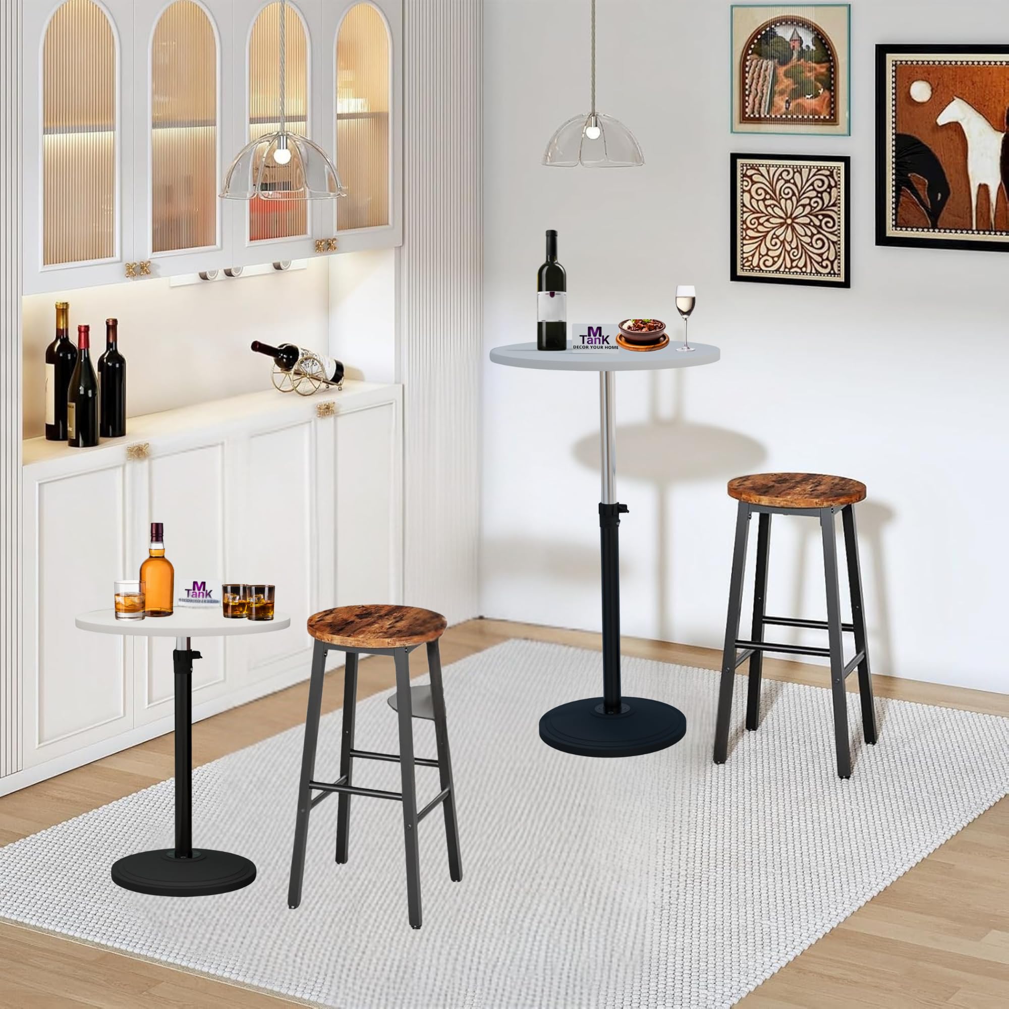 MTANK Height Adjustable Round Bar Table – Modern Bistro Pub Table with Metal Base, Small High Top Cocktail Table for Home, Kitchen, Party, and Cafe – White & Black Finish (Mid-Century Modern) 1