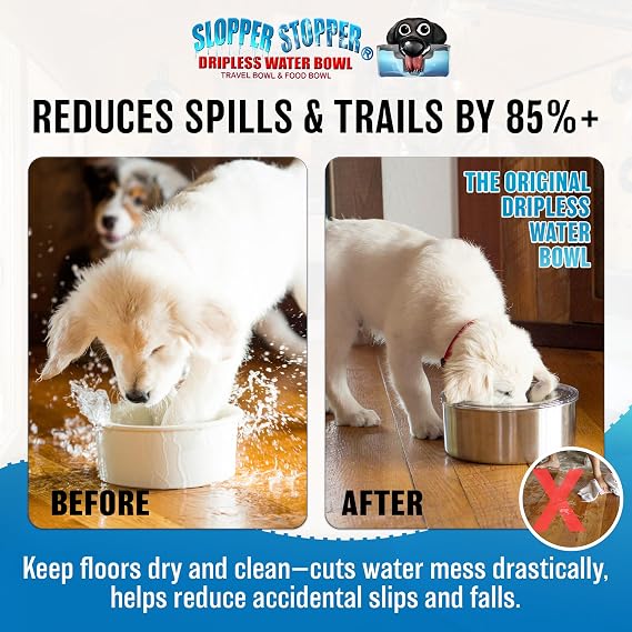 Slopper Stopper Stainless Steel Dripless Water Bowl with Tritan Plastic Lid Holds 1 Gal, Reduces Spills & Trails Up to 85%+, Water Bowl for Small Breed Dogs (0-20 lbs), The Original Slobber Stopper