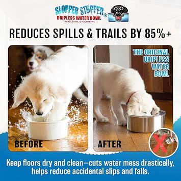 Slopper Stopper Stainless Steel Dripless Water Bowl with Tritan Plastic Lid Holds 1 Gal, Reduces Spills & Trails Up to 85%+, Water Bowl for Small Breed Dogs (0-20 lbs), The Original Slobber Stopper