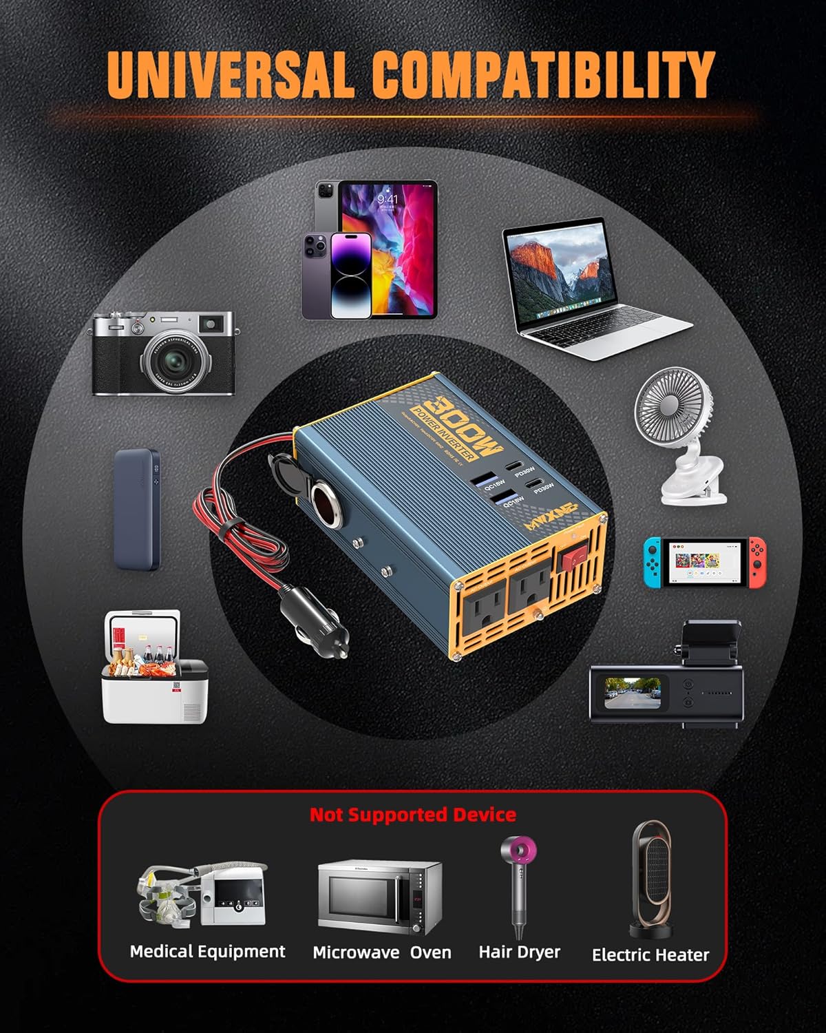 300W Power Inverter DC 12V to 110V AC Adapter with Dual AC Outlets/2 PD30W USB-C/2 QC18W USB Ports/1 Cigarette Lighter Outlet - Ideal Car Charger for Laptops