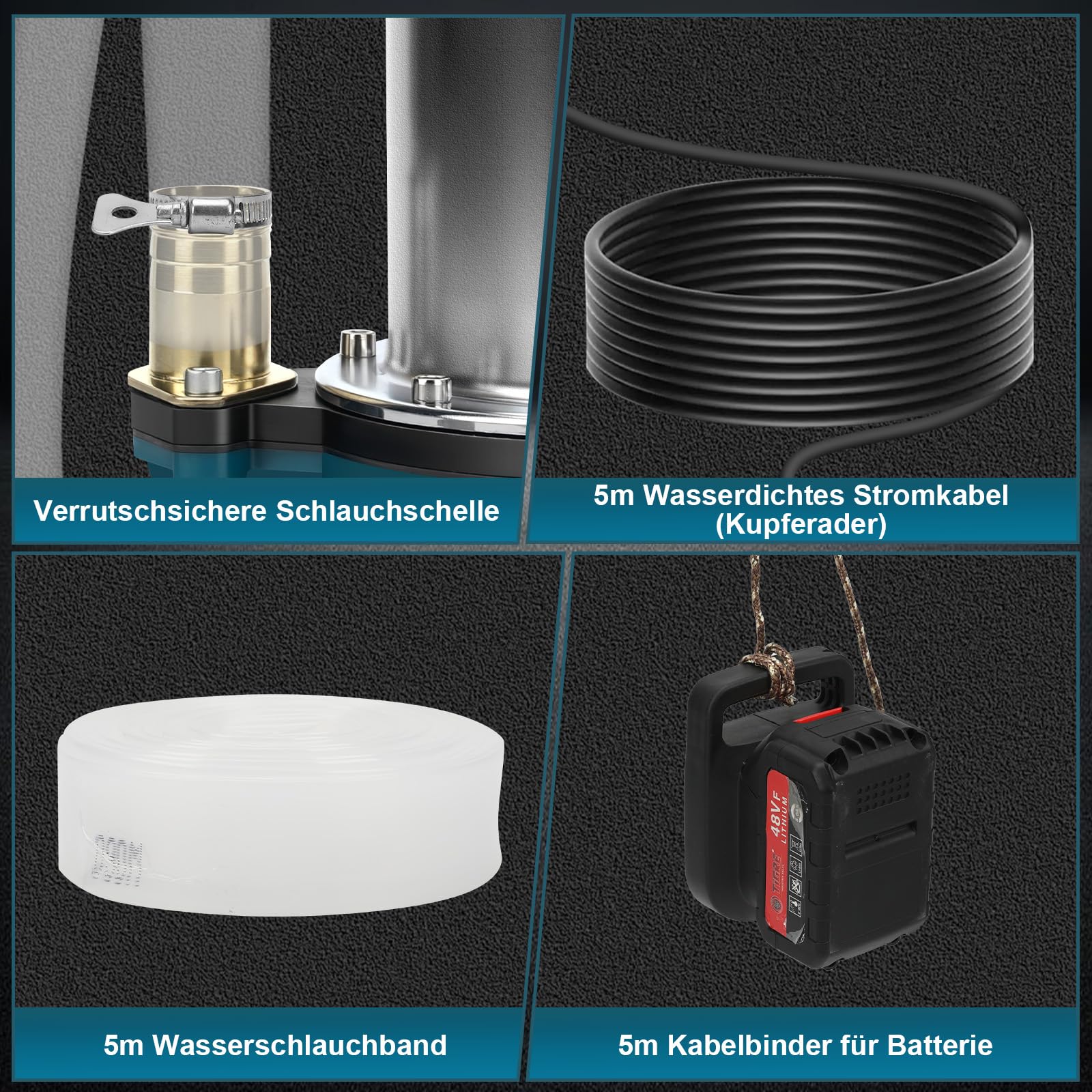 Pompa sommersa compatibile con batteria Makita da 18 V (senza batteria), pompa dell'acqua senza fili da 5000 l/h con tubo da 10 m, cavo di collegamento da 5 m, ideale per piscina, letto d'acqua