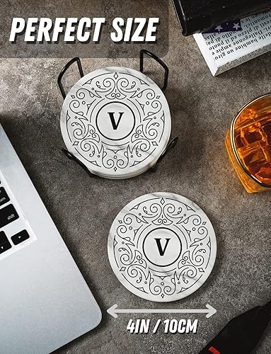 Miniatura 2 de Juego de 6 posavasos con monograma, letra inicial, cerámica, absorbente con base de corcho, decoración del hogar para familia, inauguración de la