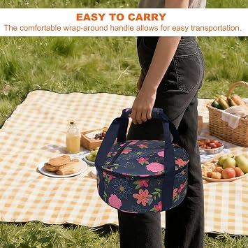 Round Insulated Casserole Carrier, Leakproof Thermal Food Carrier for Hot Cold Food, Portable Potluck Picnic Bag with Padded Handle (Blue Floral)