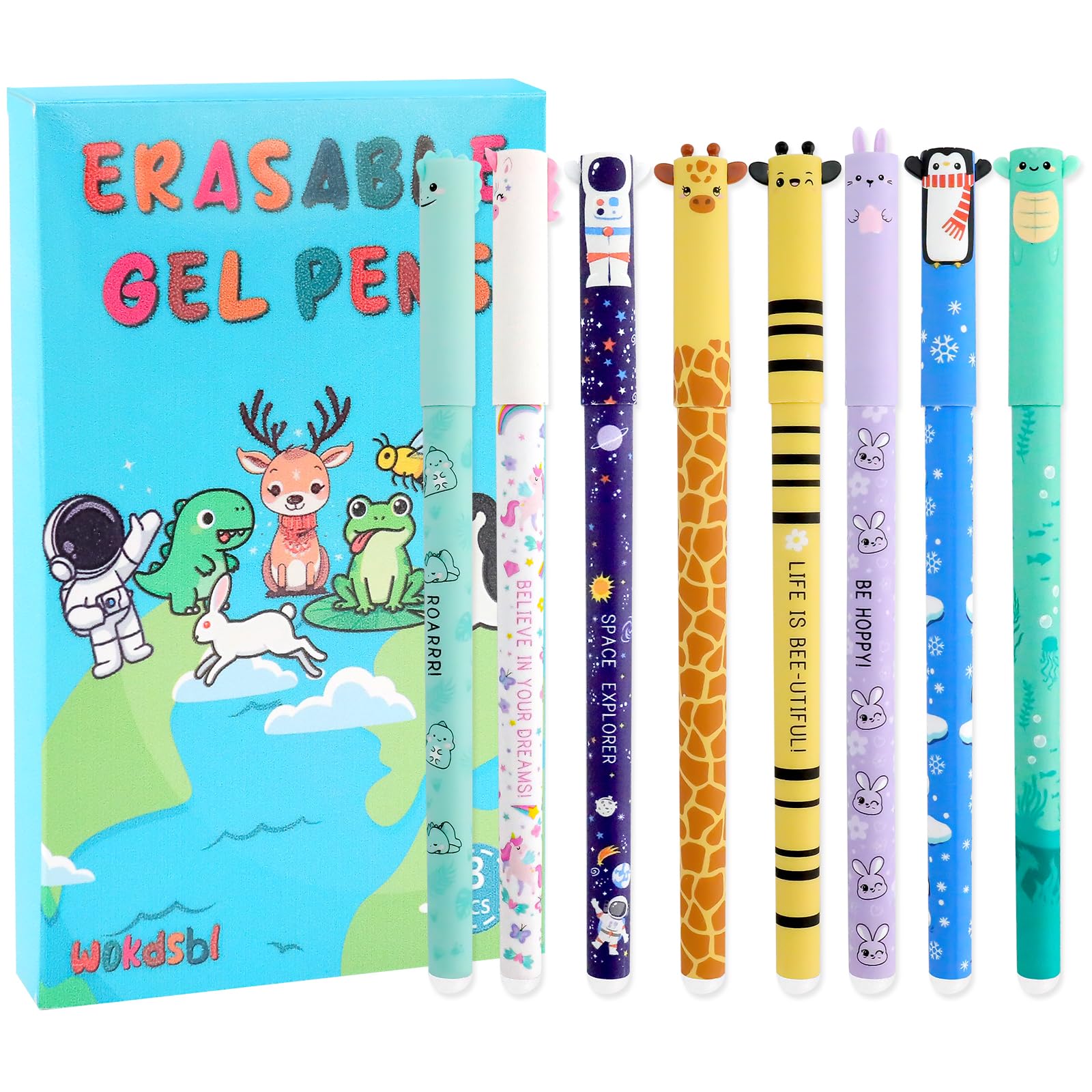 wokdsbl Erasable Gel Pens Set – 8 Colours Cute Animal Erasable Pens with Eraser, 0.5mm Fine Tip Heat Sensitive Ink, Smooth Writing Pen Gift for Christmas, Birthday or Office Stationery Lovers