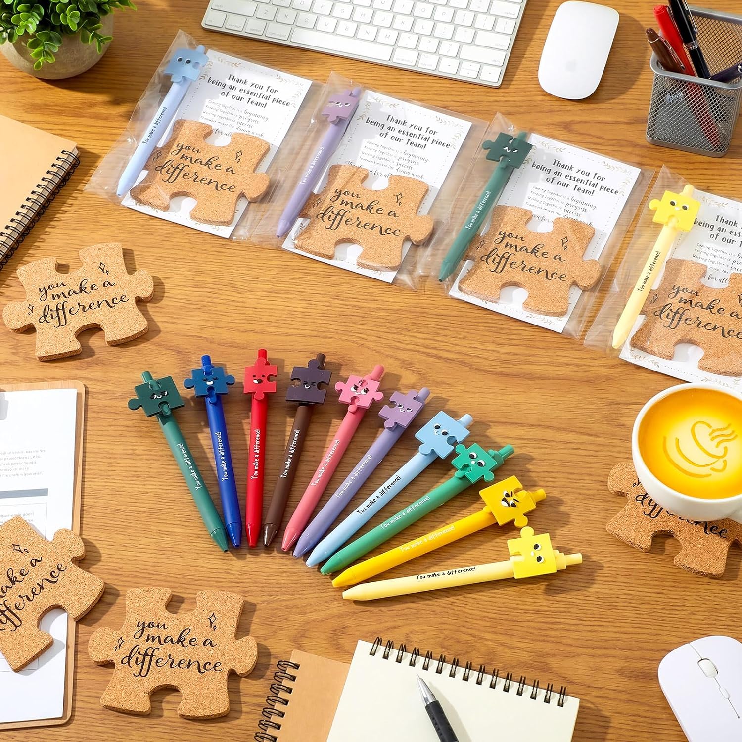 Hushee 32 Sets Back to School Gift Bulk 10 Style Motivational Funny Ballpoint Pen Inspirational Puzzle Coaster Cork Drink Cup Mat with Thank You Card for Employee Staff Office (Difference)