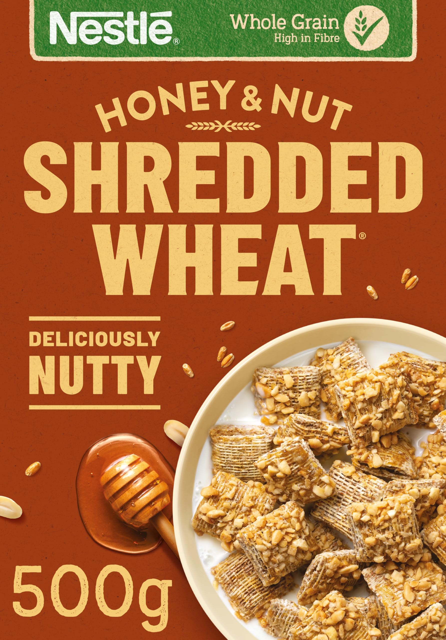 Nestlé Cereals - Shredded Wheat Breakfast Cereal - BitesizeHoney Nut Wholegrain Biscuits, High Fibre, No Added Sugar - 500g