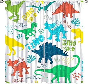 EOVDSFW Dinosaur Window Curtains Rod Pocket Wide Jurassic Dino For Boys Kids Girls Animals Nature Forest Wild Cute Leaf Room Drapes 2 Panels For Living Bedroom Home Decor 52X63 Inch