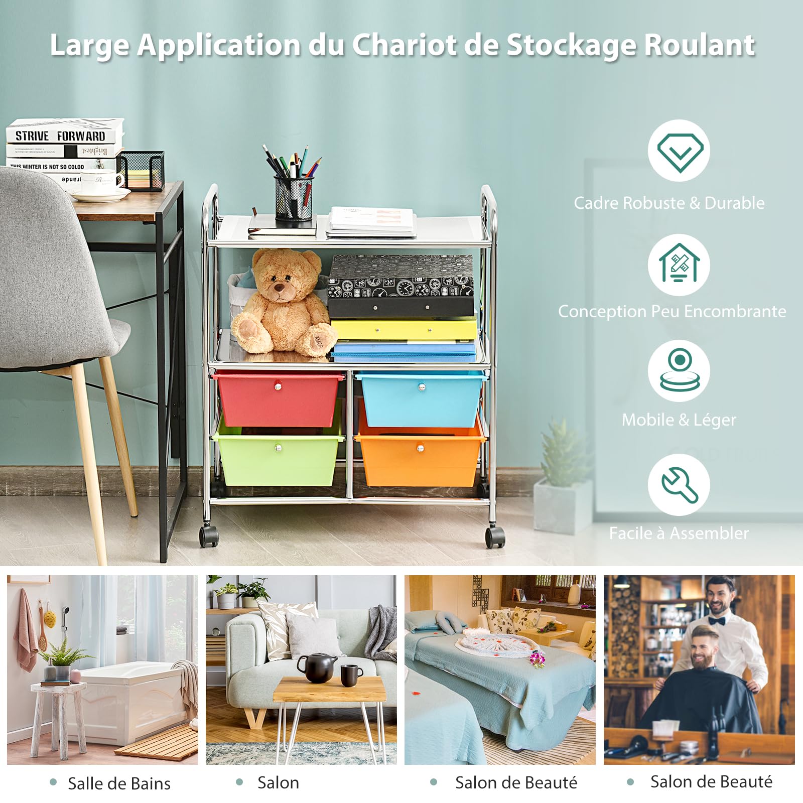 GOPLUS Chariot de Rangement 3 Niveaux avec 4 Tiroirs, Tour de Rangement à roulettes, Cadre en Acier, pour Chambre, Bureau, 63 x 37 x 74,5 CM, Multicolore