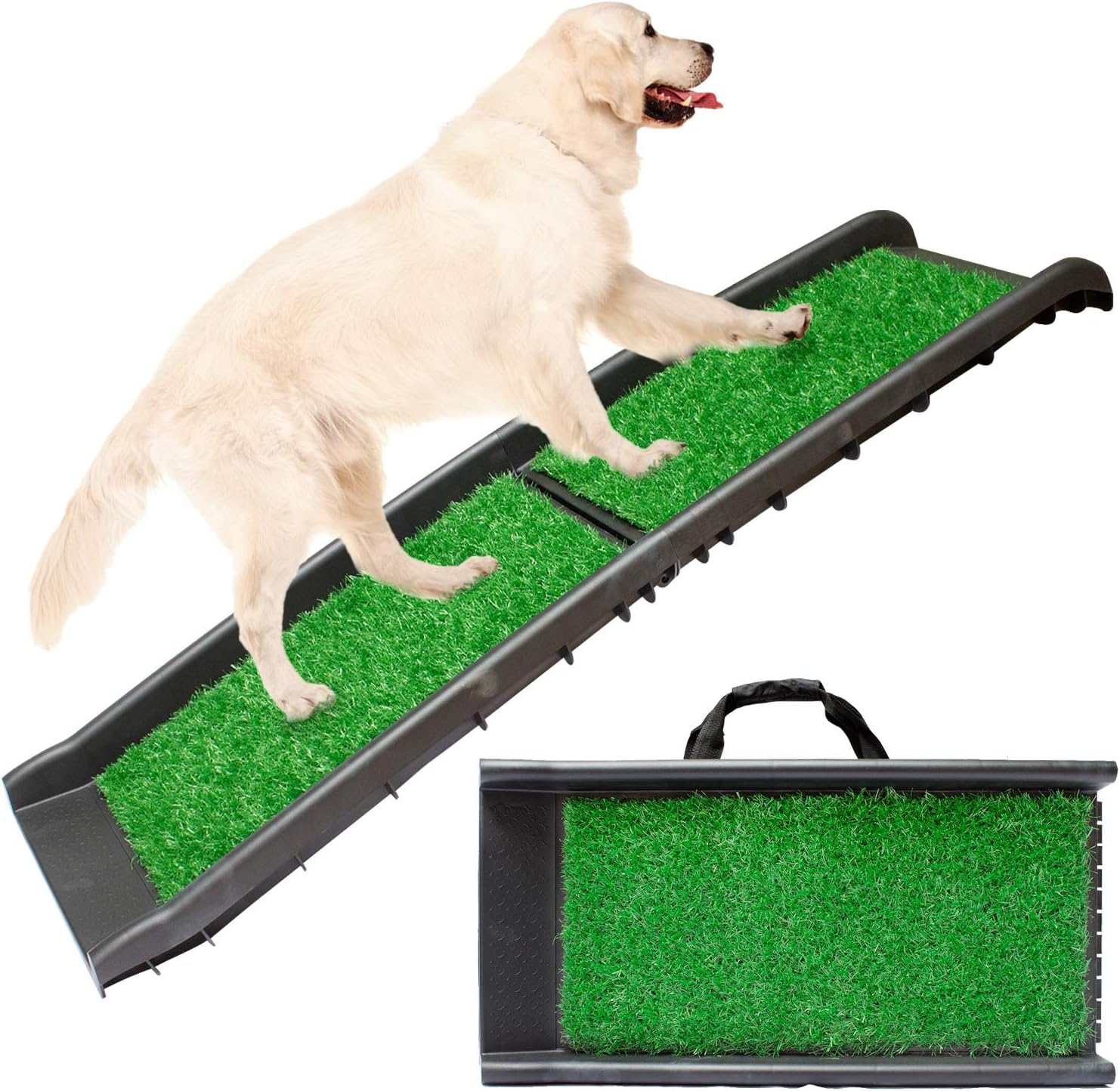 Foldable Lightweight Pet Travel Ramp with Carry Handles for Dogs and Cats, Perfect for Cars, Vans, SUVs, Trucks, Automobiles - Supports Over 150lbs Includes High Traction Non-Slip Incline (Grass Turf) : Pet Supplies
