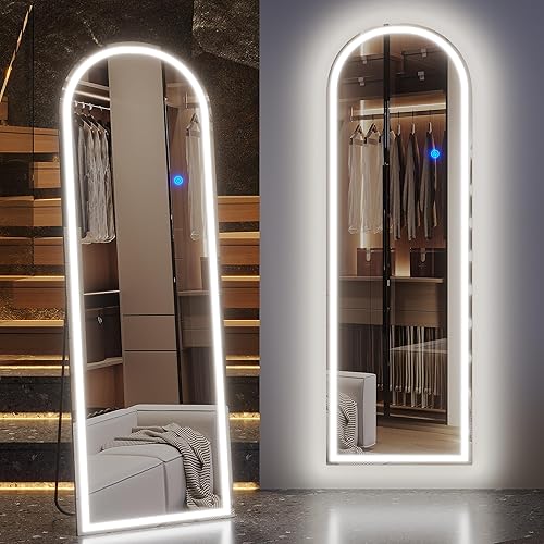 ZKIODV Arched LED Full Length Mirror, Standing Full Body Mirror with Lights, Arch Floor Mirror, Large Wall Mounted Mirror, Stand Up Mirror for Bedroom, Living Room, Light Up Mirror (Black 160 x 50 cm)