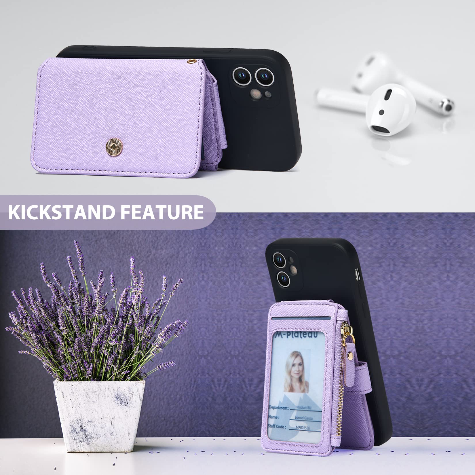 M-Plateau Cartera pequeña para mujer, soporte para tarjetas de crédito para mujer, adhesivo 3M, cartera para teléfono compatible con funda iPhone 14 Pro y la mayoría de teléfonos inteligentes (morado)