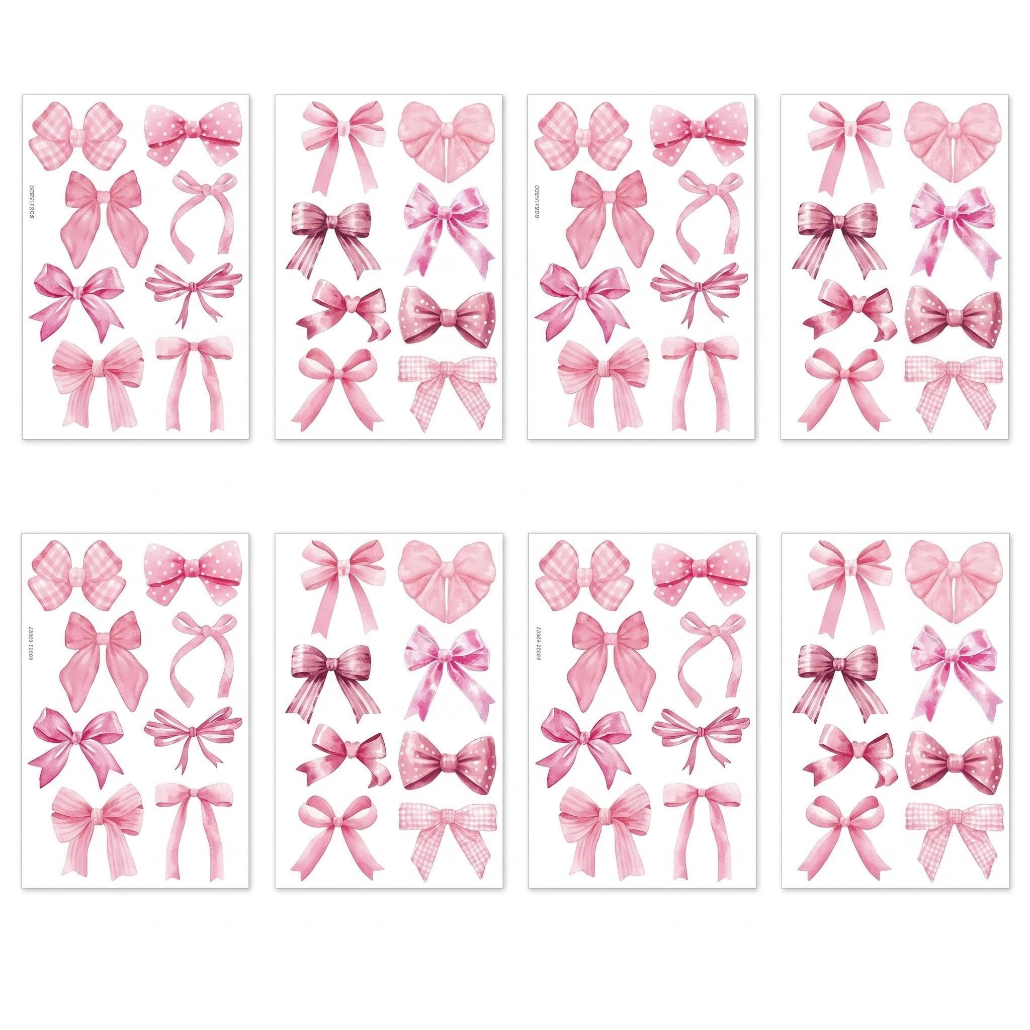 64Pcs Pink Bow Wall Stickers Removable Watercolor Butterfly Bowknot Wall Decals Cute Aesthetic Self Adhesive Peel and Stick Art Sticker Girls Room Dorm Nursery Bedroom Living Room Home Wall Decor