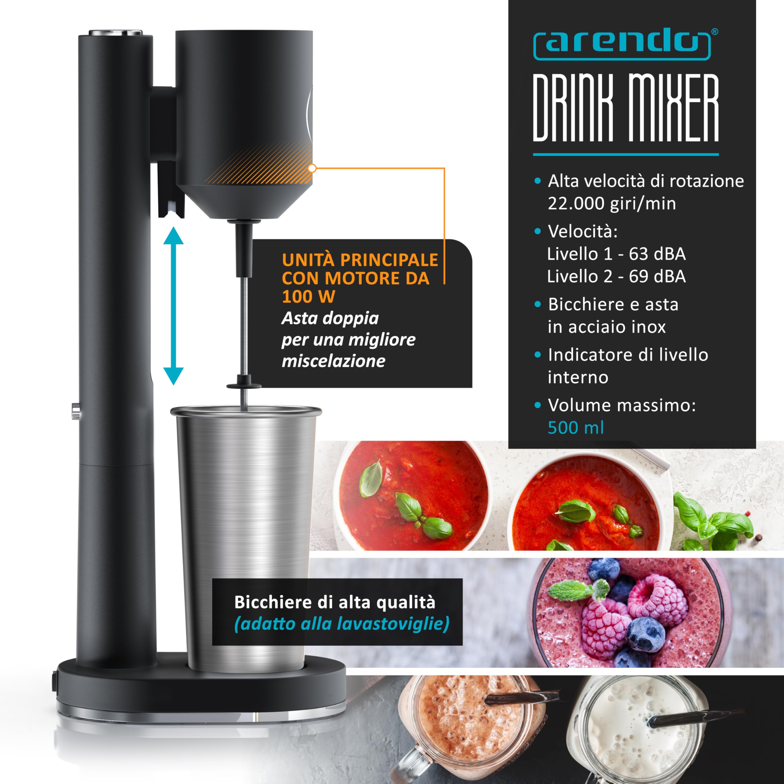 Arendo - Frullatore per bevande - Drink Mixer - Brocca da 500 ml - 100 W - 22.000 giri min - 2 regolazioni di velocità - Smoothies Milkshake Cocktail