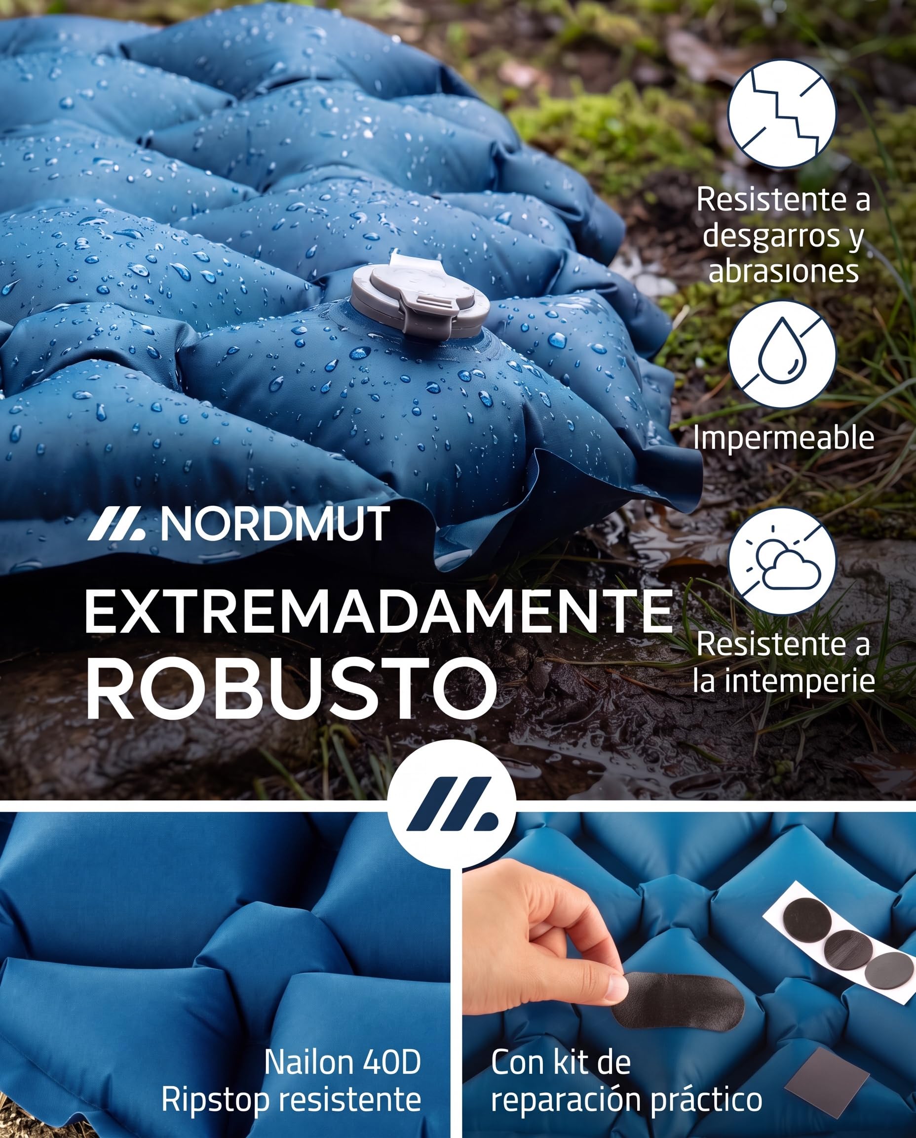 NORDMUT® Colchoneta Ultraligera [con Kit de Reparación] – Colchón Inflable de Camping, Tamaño Compacto – Colchoneta Outdoor Impermeable para Tienda & Festivales (Azul)