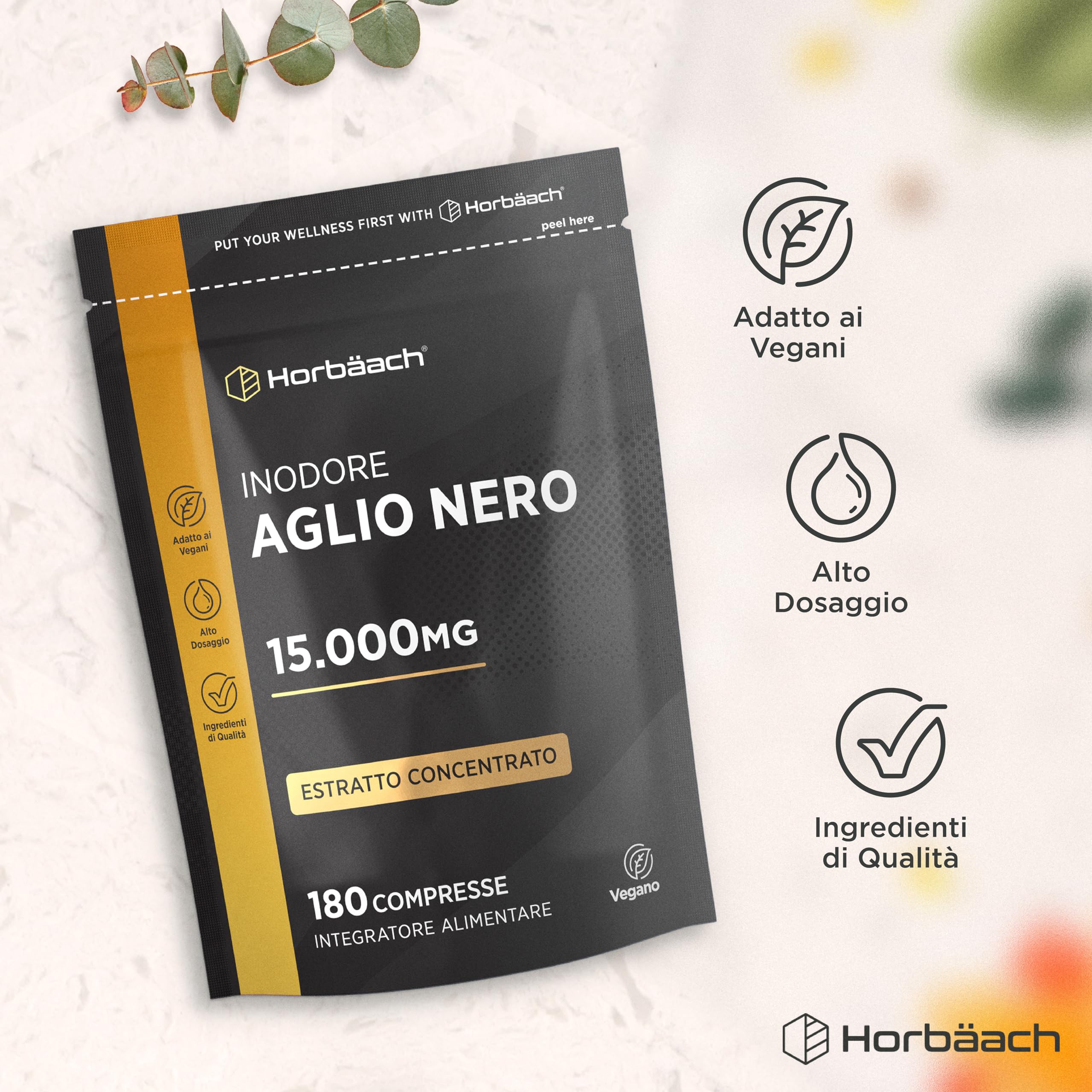 Aglio Nero Fermentato 15000mg | 180 Compresse Vegane | Integratore Inodore e Senza Gusto | Horbaach
