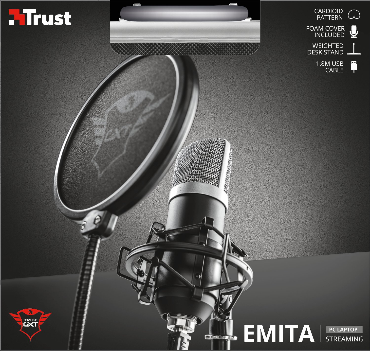 Trust Gaming GXT 252 Emita Studio mikrofon USB i stojak do PC, PS4, PS5 i laptopa, podłączone USB - czarny